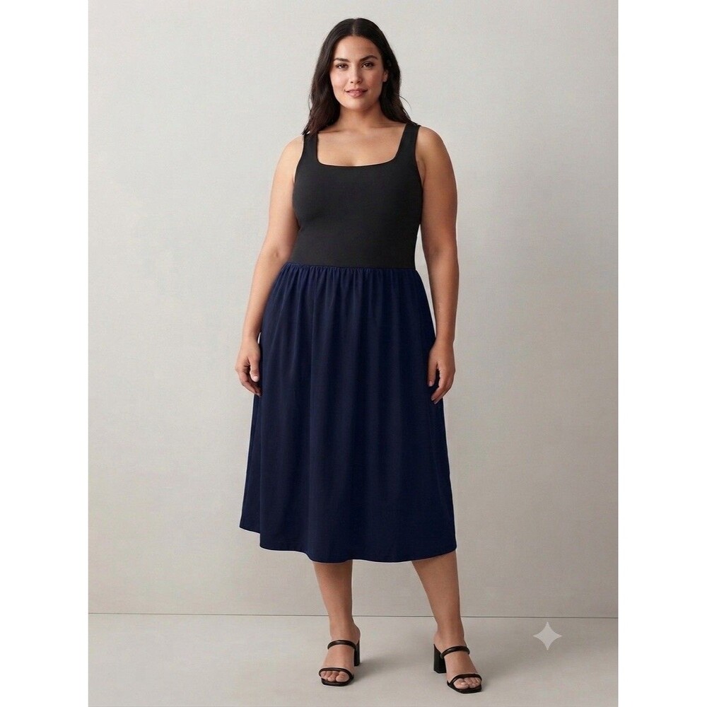 Spanx Dress Womens 1X Plus Black Sleeveless Tank Square Neck Fit Flare Midi